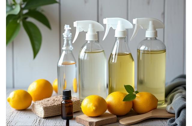 Контейнеры для чистки DIY на винтажном деревянном столе, с уксусом, содой, лимонами и эфирными маслами, создающие впечатление простоты и натуральности.