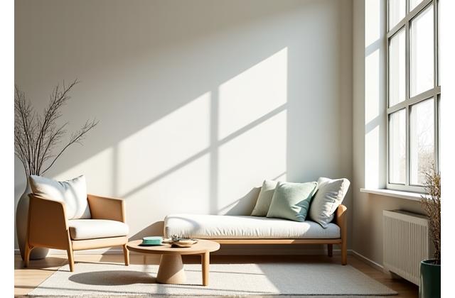 Минималистично оформленная гостиная с небольшим количеством мебели, натуральными материалами и обильным естественным освещением, создающая спокойную и свободную атмосферу.