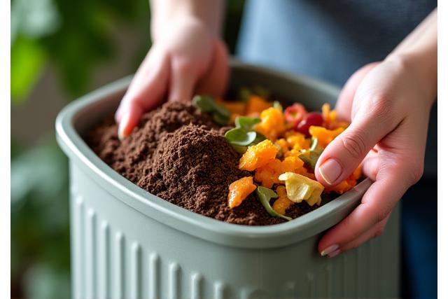 Руки держат компостер и органические отходы