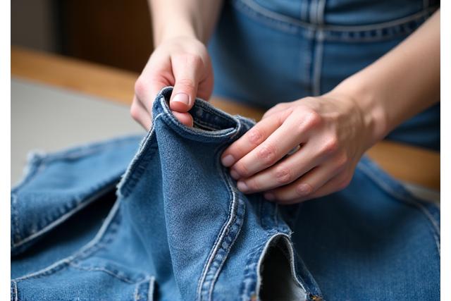 Человек переделывает старые джинсы в сумку